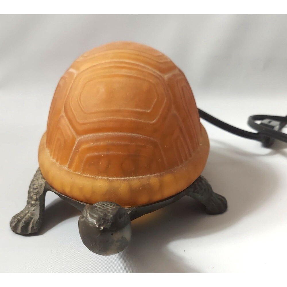 Vintage Turtle Lamp Tiffany Style Amber Art Glass Brass Base Night Light 1990's - Picture 2 of 7